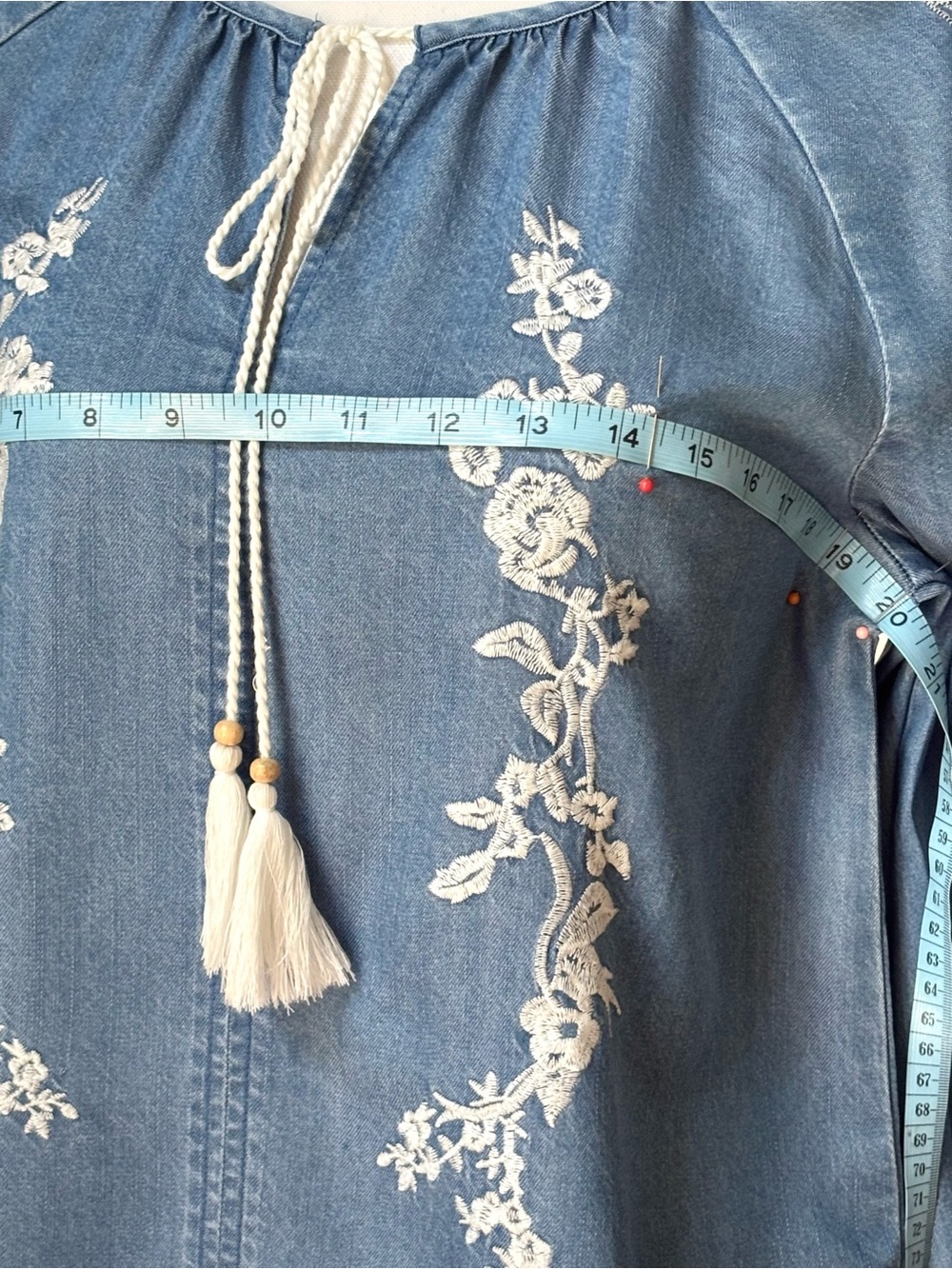 Nanette Lepore Embroidered Lyocell Chambray Peasant Blouse | Small - Picture 7 of 8